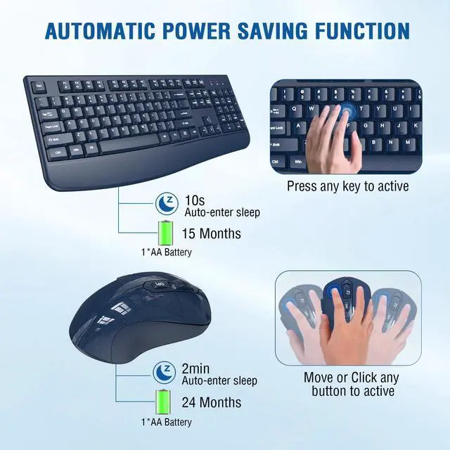Alt view image 3 of 5 - Wireless Keyboard and Mouse Combo, Full-Sized 2.4GHz Wireless Keyboard with Comfortable Palm Rest and Optical Mouse for Windows, Mac OS PC/Desktops/Computer/Laptops (Starry Blue)