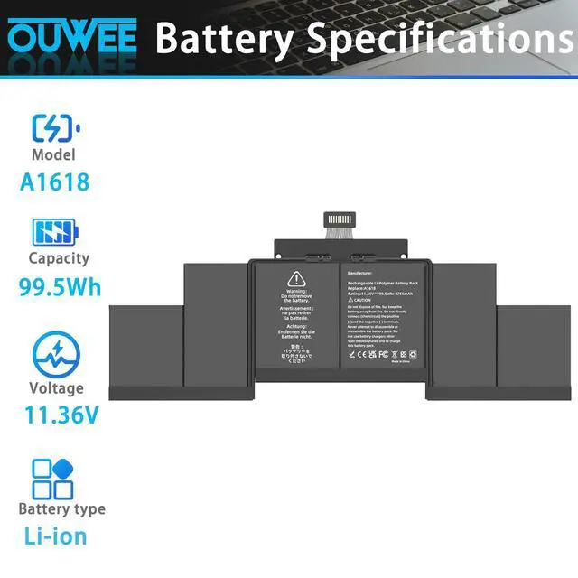 Alt view image 2 of 5 - OUWEE A1618 Laptop Battery A1398 A1494 Compatible with MacBook Pro 15 inch Mid 2015 Mid 2014 Late 2013 Version EMC 2910 2909 2881 2876 2745 2674 Capacity 11.36V 99.5Wh 8755mAh