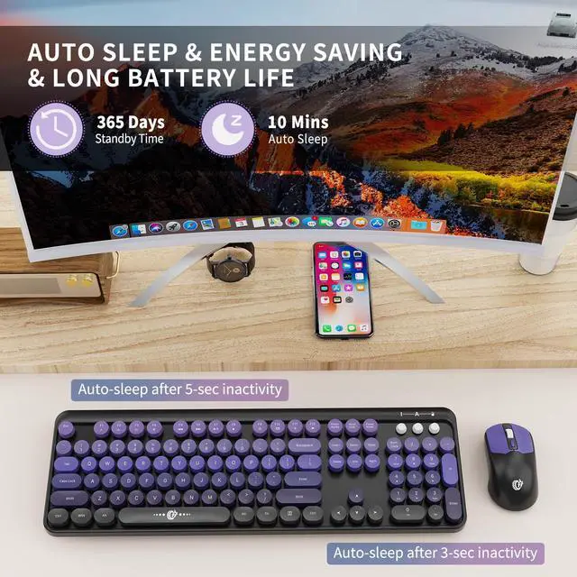 Alt view image 2 of 5 - Wireless Keyboards Mouse Combos, Creamy Keyboard, Cute Wireless Keyboard and Mouse Set for Desktop Laptop PC Computer (Black Purple)