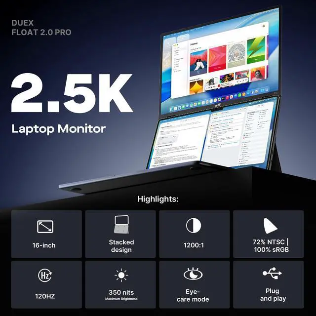 Alt view image 2 of 5 - New Mobile Pixels Duex Float 2.0 Pro 2.5 K Portable Monitor, 16" Laptop Screen Extender (Built-in Kickstand), USB C/HDMI Stacked Monitor Extender with Dual Speakers, Windows, MacOS, Switch, Android
