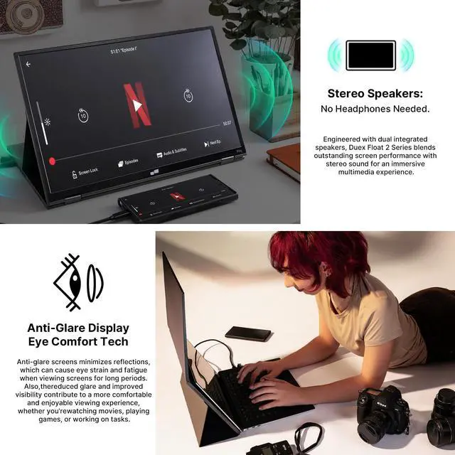Alt view image 4 of 5 - New Mobile Pixels Duex Float 2.0 Pro 2.5 K Portable Monitor, 16" Laptop Screen Extender (Built-in Kickstand), USB C/HDMI Stacked Monitor Extender with Dual Speakers, Windows, MacOS, Switch, Android