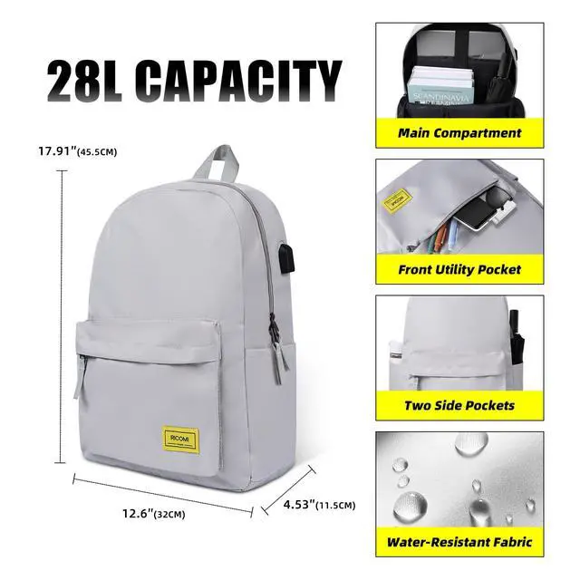 Alt view image 3 of 5 - RICOMI Premium Lightweight Laptop Backpack with USB Charging Port, Durable College School Bookbag, 2 Built-in Organizers, Padded 15.6-inch Laptop/Notebook Sleeve, Slim Water Resistant Bag, Beige Grey