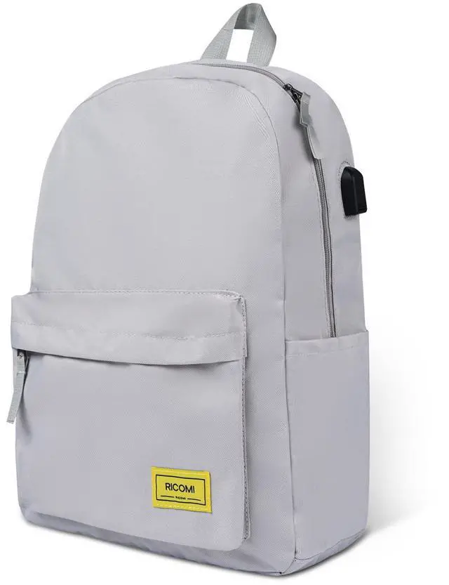 Main image of RICOMI Premium Lightweight Laptop Backpack with USB Charging Port, Durable College School Bookbag, 2 Built-in Organizers, Padded 15.6-inch Laptop/Notebook Sleeve, Slim Water Resistant Bag, Beige Grey