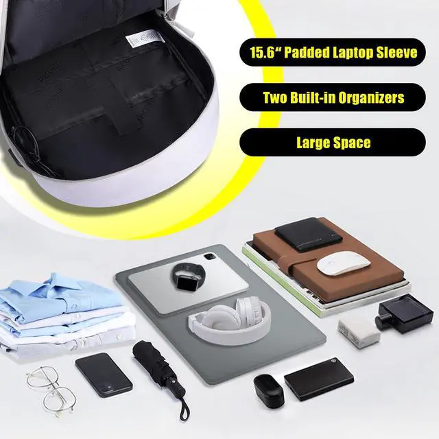 Alt view image 4 of 5 - RICOMI Premium Lightweight Laptop Backpack with USB Charging Port, Durable College School Bookbag, 2 Built-in Organizers, Padded 15.6-inch Laptop/Notebook Sleeve, Slim Water Resistant Bag, Beige Grey