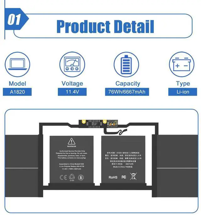 Alt view image 2 of 5 - Dentsing A1820 A1707 Laptop Battery Replacement for MacBook Pro 15" A1707 (Late 2016, Mid 2017) Touch Bar EMC 3072 EMC 3162 Series MPTR2LL/A MPTT2LL/A MLW72HN/A MLW82LL/A MLH42LL/A 11.4V 76Wh 6667mAh