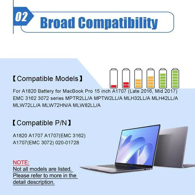 Alt view image 3 of 5 - Dentsing A1820 A1707 Laptop Battery Replacement for MacBook Pro 15" A1707 (Late 2016, Mid 2017) Touch Bar EMC 3072 EMC 3162 Series MPTR2LL/A MPTT2LL/A MLW72HN/A MLW82LL/A MLH42LL/A 11.4V 76Wh 6667mAh