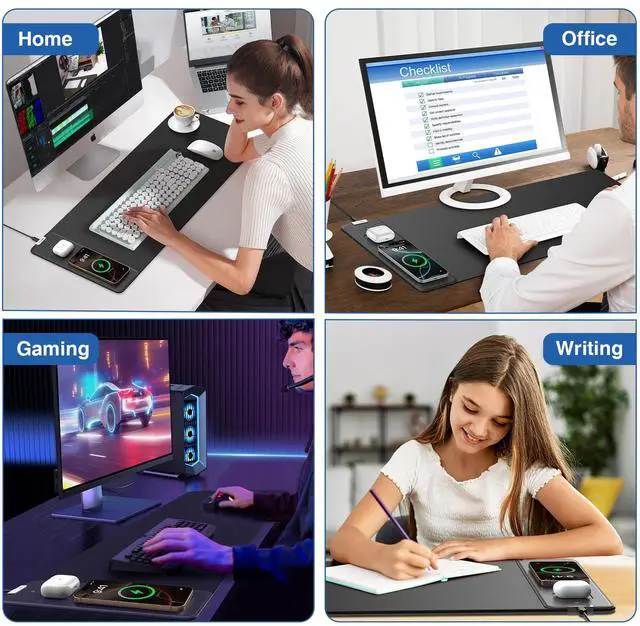 Alt view image 4 of 5 - Magnetic Wireless Charging Mouse Pad, 27.5"x11.8" Gaming Desk Mat with Superior Stitched Edges, Non-Slip Base, Waterproof Smooth Desk Writing Pad for Gamer, Office & Home, Black