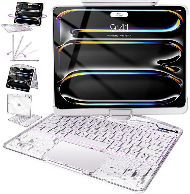 Main image of Intermerge Clear Keyboard Case for iPad Pro 11" (M4) 2024 Only, 360° Swivel Multi-Touch Trackpad, 7-Color RGB Backlit, Pencil Holder, Type-C, Power Indicator, Frost Pulse