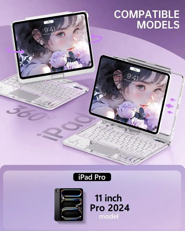 Alt view image 2 of 5 - Intermerge Clear Keyboard Case for iPad Pro 11" (M4) 2024 Only, 360° Swivel Multi-Touch Trackpad, 7-Color RGB Backlit, Pencil Holder, Type-C, Power Indicator, Frost Pulse