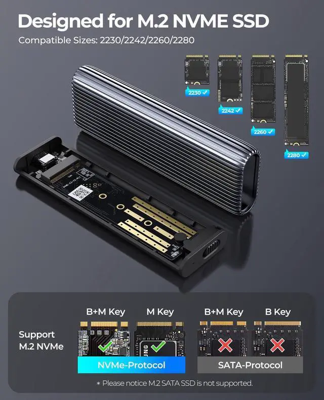 Alt view image 4 of 4 - ORICO M.2 NVMe SSD Enclosure Aluminum Tool-Free Adapter, 10Gbps USB3.2 USB-C M2 Reader for M.2 PCIe NVMe M-Key 2230/2242/2260/2280 SSD, Thunderbolt 3 Compatible, External Case Support UASP Trim-AM2G2