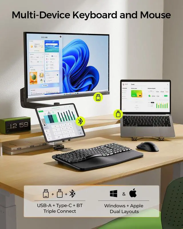 Alt view image 2 of 5 - seenda Bluetooth Ergonomic Keyboard and Mouse, COE310 USB+Type-C+Bluetooth Multi-Device Rechargeable, Wave Wireless Keyboard Mouse Combo, Compatible for Windows/macOS/PC/Laptop/MacBook/iPad - Black
