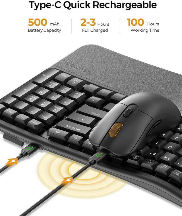 Alt view image 3 of 5 - seenda Bluetooth Ergonomic Keyboard and Mouse, COE310 USB+Type-C+Bluetooth Multi-Device Rechargeable, Wave Wireless Keyboard Mouse Combo, Compatible for Windows/macOS/PC/Laptop/MacBook/iPad - Black