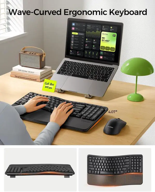 Alt view image 5 of 5 - seenda Bluetooth Ergonomic Keyboard and Mouse, COE310 USB+Type-C+Bluetooth Multi-Device Rechargeable, Wave Wireless Keyboard Mouse Combo, Compatible for Windows/macOS/PC/Laptop/MacBook/iPad - Black