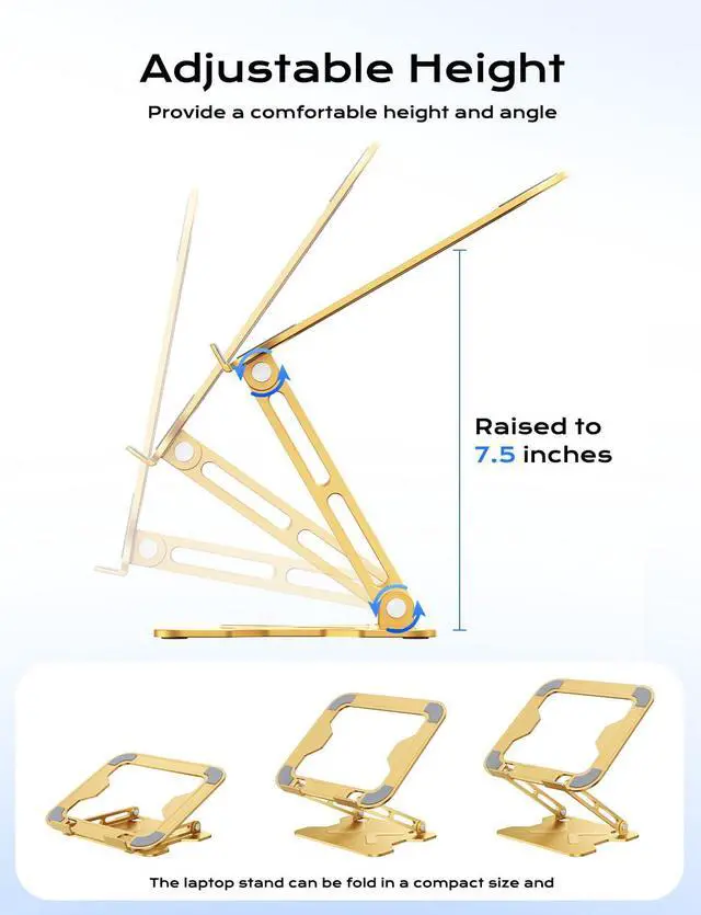 Alt view image 3 of 5 - JCZT Adjustable Laptop Stand for Desk, Metal Foldable Laptop Riser, Portable Laptop Holder Mount, Ventilated Cooling Computer Notebook Stand for MacBook Air Pro, All 10-16'' Notebooks Laptops, Gold