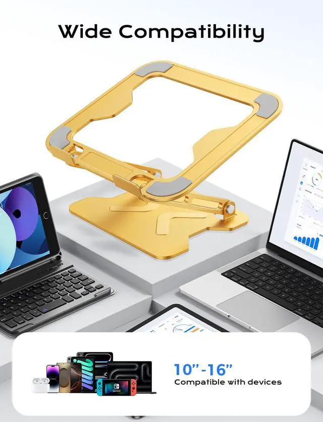 Alt view image 5 of 5 - JCZT Adjustable Laptop Stand for Desk, Metal Foldable Laptop Riser, Portable Laptop Holder Mount, Ventilated Cooling Computer Notebook Stand for MacBook Air Pro, All 10-16'' Notebooks Laptops, Gold
