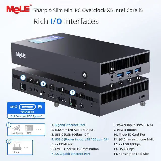 Alt view image 4 of 5 - MeLE Mini PC Overclock X5 Core i5-12450H (8C/12T,up to 4.4GHz), Ultra-Slim Computer 32GB RAM 1TB M.2 2280 PCle 4.0x4 SSD,4K Quad Screen Display/WiFi/BT5.2/USB3.2/Dual LAN