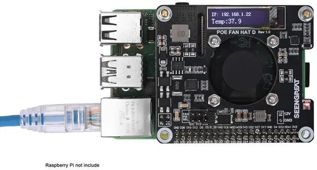Alt view image 2 of 5 - PoE Power Supply and Cooling HAT Board with OLED Display, Adjustable Fan, Fits Raspberry Pi 4B/3B+ POE HAT, Supports 802.3af/at Network Standards for Enhanced Heat Management