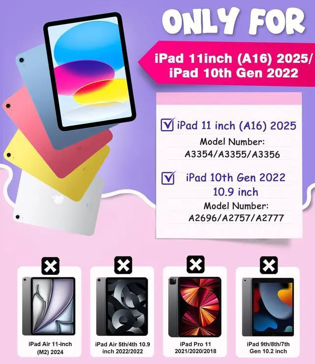 Alt view image 2 of 5 - Cantis Case for iPad (A16) 11th Generation 11 inch 2025 for Girls Kids, iPad 10th Generation 10.9 inch 2022 with Screen Protector/Rotating Stand/Shoulder Strap/Pencil Holder, Hot Pink