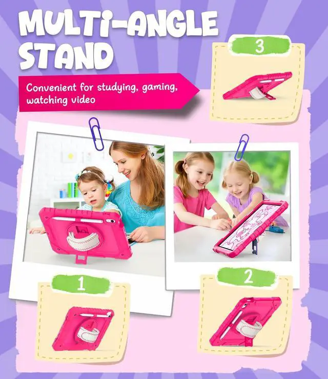 Alt view image 4 of 5 - Cantis Case for iPad (A16) 11th Generation 11 inch 2025 for Girls Kids, iPad 10th Generation 10.9 inch 2022 with Screen Protector/Rotating Stand/Shoulder Strap/Pencil Holder, Hot Pink