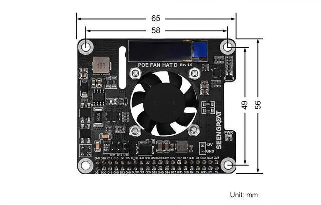 Alt view image 5 of 5 - PoE Power Supply and Cooling HAT Board with OLED Display, Adjustable Fan, Fits Raspberry Pi 4B/3B+ POE HAT, Supports 802.3af/at Network Standards for Enhanced Heat Management