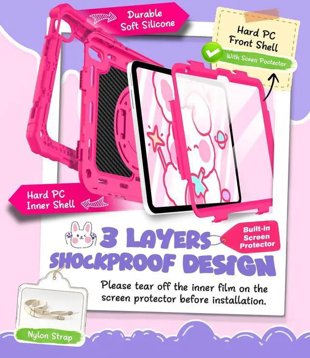 Alt view image 3 of 5 - Cantis Case for iPad (A16) 11th Generation 11 inch 2025 for Girls Kids, iPad 10th Generation 10.9 inch 2022 with Screen Protector/Rotating Stand/Shoulder Strap/Pencil Holder, Hot Pink