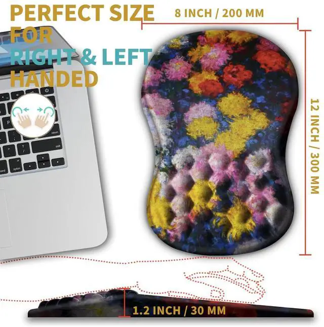 Alt view image 4 of 5 - Hokafenle Ergonomic Mouse Pad Wrist Support with Massage Design, Wrist Rest Pain Relief Mousepad with Memory Foam&Non-Slip PU Base, Mouse Pads for Wireless Mouse & Desk(12x8 inch,Monet Chrysanthemum)