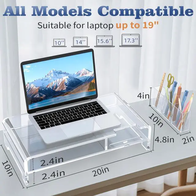 Alt view image 4 of 5 - Acrylic Monitor Stand 2 Tier,Rocfinity Clear Laptop Stand for Desk With Pen Holder,20"W for All Keyboards,Acrylic Laptop Riser with Storage,Monitor Stand Riser with Phone Holder,Desk Organizer for Hom