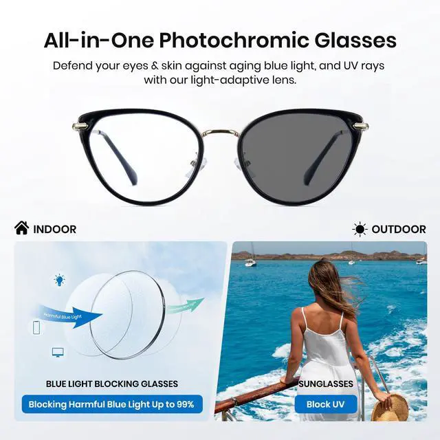 Alt view image 4 of 5 - Cyxus Photochromic Glasses for Women UV Protection with Blue Light Blocking Trendy Cat Eye Frame8281i01 Black Frame