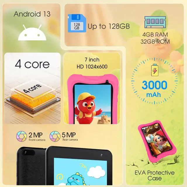 Alt view image 2 of 5 - DigiLand Android Kids Tablet, 7 inch Tablets for Kids, 4+32GB Toddler Tablet with Case Included, Parental Control, 3000mAh Battery, Dual Camera, GMS, BT 5.0 & WiFi (Pink)