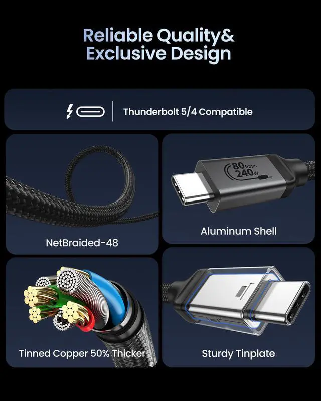 Alt view image 5 of 5 - Silkland 80Gbps USB 4 for Thunderbolt 5 Cable 6.6FT/2M, up to 120Gbps Bandwidth for Dual 8K, 240W PD 3.1 Charging, Braided USB C Video Cable Compatible for Thunderbolt 4, SSD, MacBook,iPhone 17, Dock