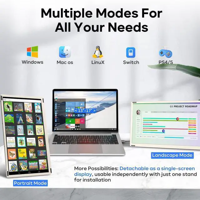 Alt view image 5 of 5 - Laptop Screen Extender, 15.6'' 1080P FHD Laptop Monitor Extender with 235°Rotation Detachable Dual Monitor, Plug & Play, Triple Screen for 13"-17.3" Laptops Compatible with Mac/Wins/Android/Dex