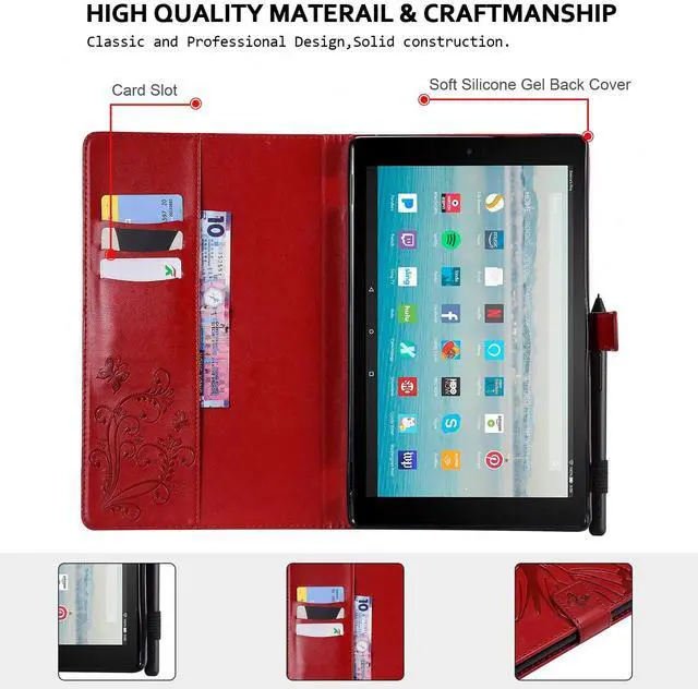 Alt view image 3 of 5 - Case for Fire HD 10 Tablet, Techcircle Butterfly Embossed Slim Folding Stand Cover with Credit Card/Cash Holder Case for Amazon Fire HD 10.1" 5th/7th/9th Generation-2015/2017/2019 Release, Burgundy