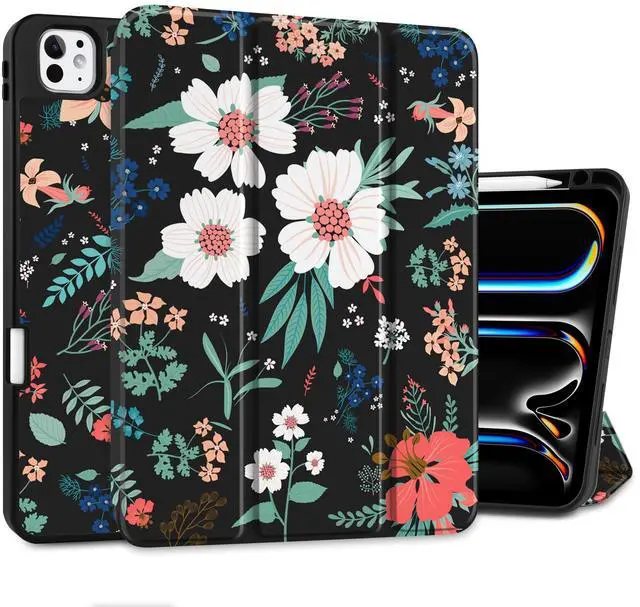 Main image of DONGKE Case for iPad Pro 11 inch (M5 2025 / M4 2024, 6th & 5th Generation)  [Built-in Pencil Holder] Ultra Slim PU Leather Trifold Stand Cover with Soft TPU Back, Auto Wake/Sleep, Flower Black