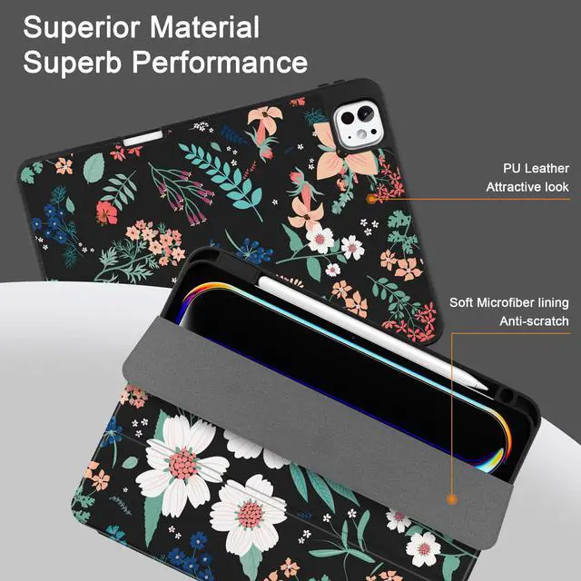 Alt view image 4 of 5 - DONGKE Case for iPad Pro 11 inch (M5 2025 / M4 2024, 6th & 5th Generation)  [Built-in Pencil Holder] Ultra Slim PU Leather Trifold Stand Cover with Soft TPU Back, Auto Wake/Sleep, Flower Black