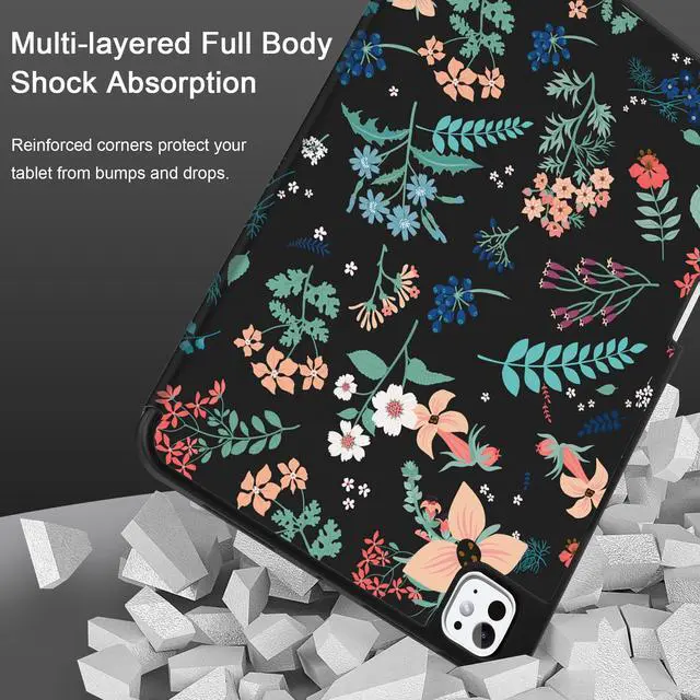 Alt view image 3 of 5 - DONGKE Case for iPad Pro 11 inch (M5 2025 / M4 2024, 6th & 5th Generation)  [Built-in Pencil Holder] Ultra Slim PU Leather Trifold Stand Cover with Soft TPU Back, Auto Wake/Sleep, Flower Black