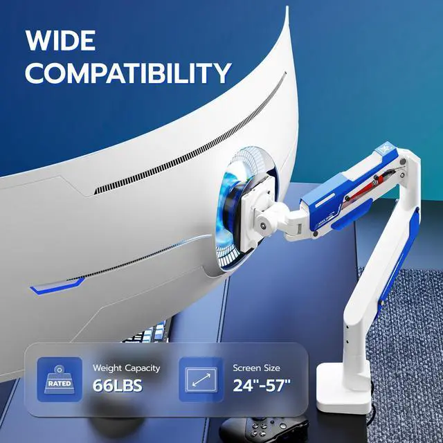 Alt view image 3 of 5 - ARES WING Heavy Duty Ultrawide Monitor Arm - Gas Spring Aluminum Monitor Mount with USB for 24"-57" Curved Screens up to 66 lbs with Clamp/Grommet Desk Mount, 75/100/200 Vesa Mount, White