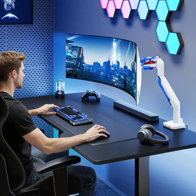 Alt view image 2 of 5 - ARES WING Heavy Duty Ultrawide Monitor Arm - Gas Spring Aluminum Monitor Mount with USB for 24"-57" Curved Screens up to 66 lbs with Clamp/Grommet Desk Mount, 75/100/200 Vesa Mount, White