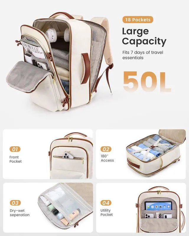 Alt view image 2 of 5 - LOVEVOOK Carry On Travel Backpack for Women, Airline Approved Personal Item Bag with 17" Laptop Compartment, 50L Water-Resistant Weekender Backpack for Travel, Commuting, Business Trips