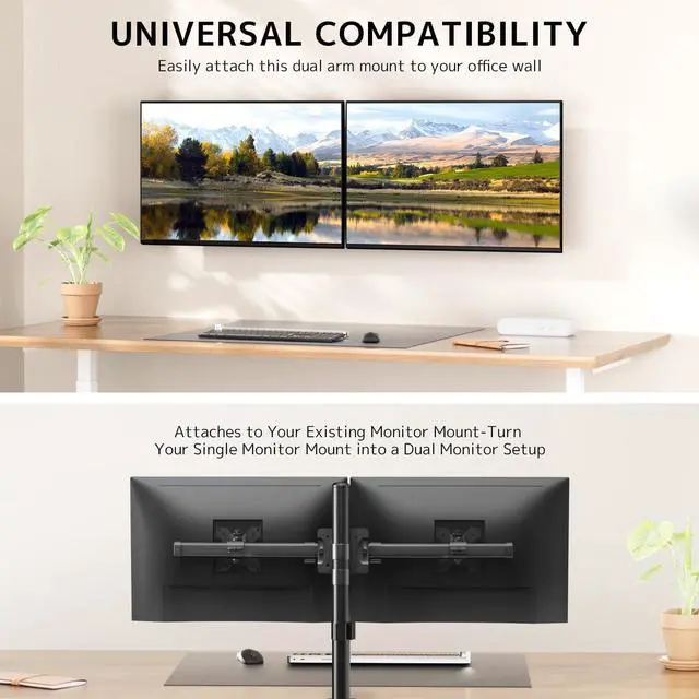 Alt view image 2 of 5 - Dual Monitor Wall Mount, Horizontal Assembly Mount for 2 Monitor Screens up to 35 inches, Max. 10kg per Arm, VESA 75x75/100x100mm,Black