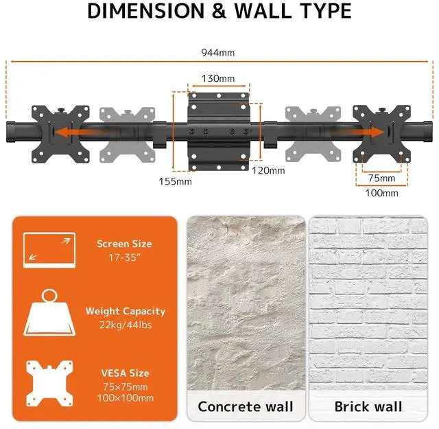 Alt view image 5 of 5 - Dual Monitor Wall Mount, Horizontal Assembly Mount for 2 Monitor Screens up to 35 inches, Max. 10kg per Arm, VESA 75x75/100x100mm,Black