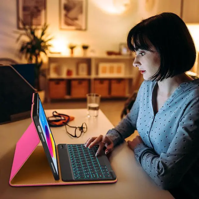 Alt view image 5 of 5 - DTTO for iPad 11th (A16)/ 10th Generation Case with Keyboard (2025/2022), 7 Colors Backlit Wireless Detachable Keyboard Leather Folio Cover with Pencil Holder & Pocket, Rose Red