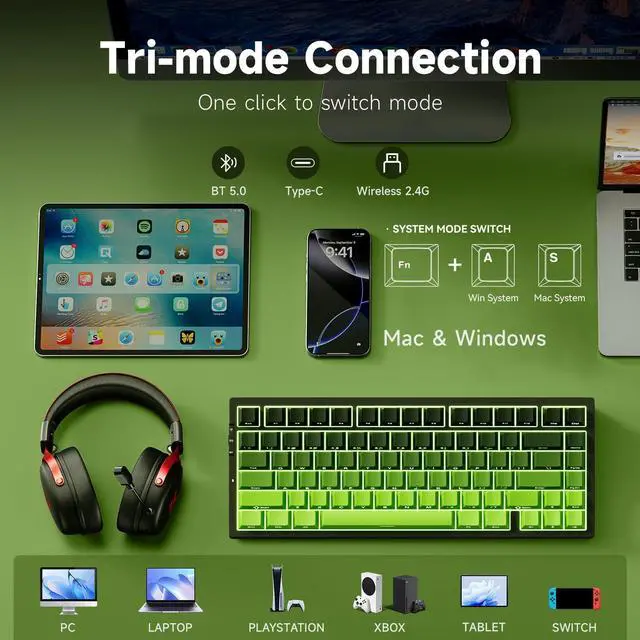 Alt view image 4 of 5 - MCHOSE G75 PRO 75% Wireless Mechanical Keyboard, TKL Keyboards Tri-Mode BT5.0/2.4GHz/USB-C, Hot Swap Custom Creamy Keyboards Linear Switch, Double Shot PBT Keycaps RGB LED Backlit, Black&Green