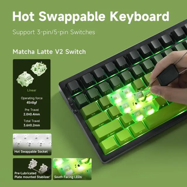 Alt view image 5 of 5 - MCHOSE G75 PRO 75% Wireless Mechanical Keyboard, TKL Keyboards Tri-Mode BT5.0/2.4GHz/USB-C, Hot Swap Custom Creamy Keyboards Linear Switch, Double Shot PBT Keycaps RGB LED Backlit, Black&Green