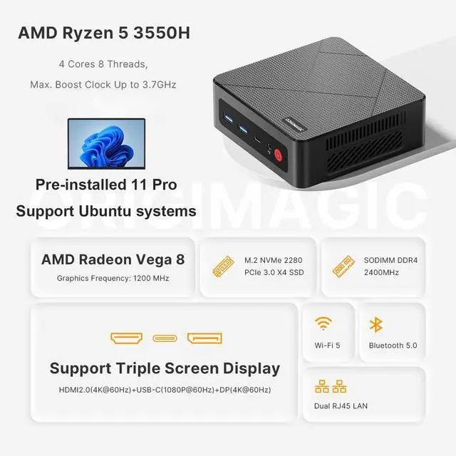 Alt view image 3 of 5 - origimagic C4 Mini PC 11 Pro, Ryzen 5 3550H Mini Desktop Computer (Beat N150/N100/N95) Dual 1000Mbps NIC LAN, 16GB RAM 512GB SSD Micro PC, WiFi 5, BT 5.0, Triple Display, PC for Home Theater, Office