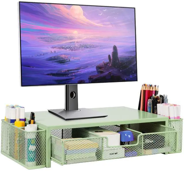 Main image of Qupui Computer Monitor Stand Riser with Drawer and Pen Holders, Desk Organizer Shelf and Accessories, Office Desk Accessories, Office Organization, Green