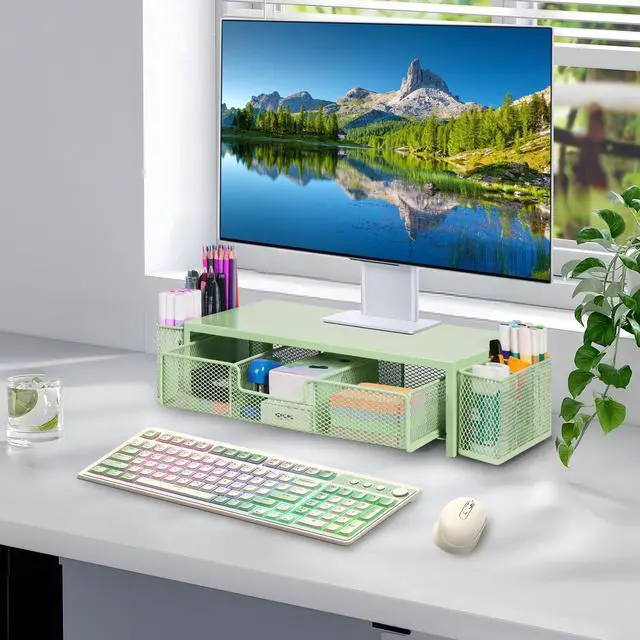 Alt view image 2 of 5 - Qupui Computer Monitor Stand Riser with Drawer and Pen Holders, Desk Organizer Shelf and Accessories, Office Desk Accessories, Office Organization, Green