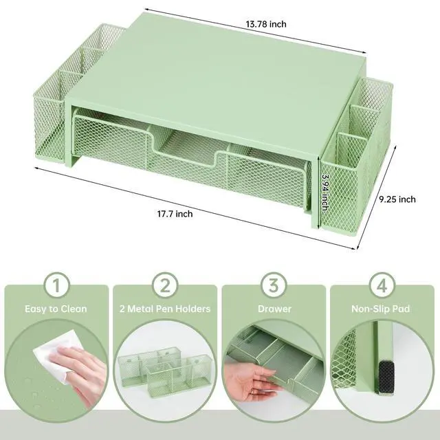 Alt view image 3 of 5 - Qupui Computer Monitor Stand Riser with Drawer and Pen Holders, Desk Organizer Shelf and Accessories, Office Desk Accessories, Office Organization, Green