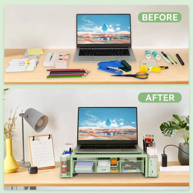 Alt view image 4 of 5 - Qupui Computer Monitor Stand Riser with Drawer and Pen Holders, Desk Organizer Shelf and Accessories, Office Desk Accessories, Office Organization, Green