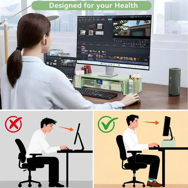 Alt view image 5 of 5 - Qupui Computer Monitor Stand Riser with Drawer and Pen Holders, Desk Organizer Shelf and Accessories, Office Desk Accessories, Office Organization, Green