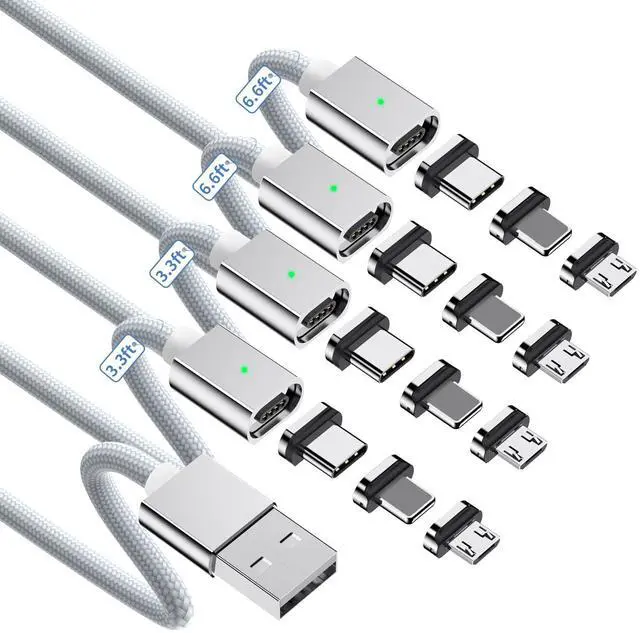 Main image of ZBF Magnetic Charging Cable 3A Fast Charging (4-Pack, 3.3/3.3/6.6/6.6 ft) 3 in 1 Magnetic Phone Charger, 480Mbps Data Transfer, USB A to Type C Charger Cable USB-C/Iproduct Micro USB Device - Silver